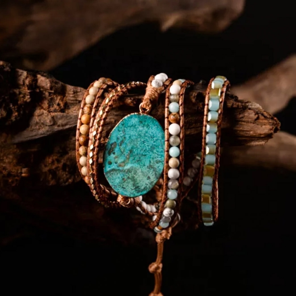 Handmade Leather Gemstone Jasper Wrap Bracelet - Picture 3 of 7